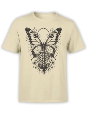 Beige butterfly t-shirt with skeletal anatomy, flowers, leaves, and a heart in dark vintage-style ink
