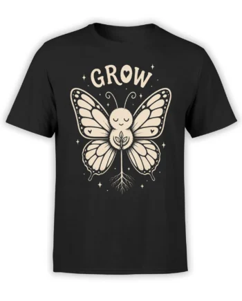Black butterfly T-shirt with cream “GROW” lettering, winged figure, hearts, stars, and roots