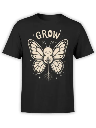 Black butterfly T-shirt with cream “GROW” lettering, winged figure, hearts, stars, and roots