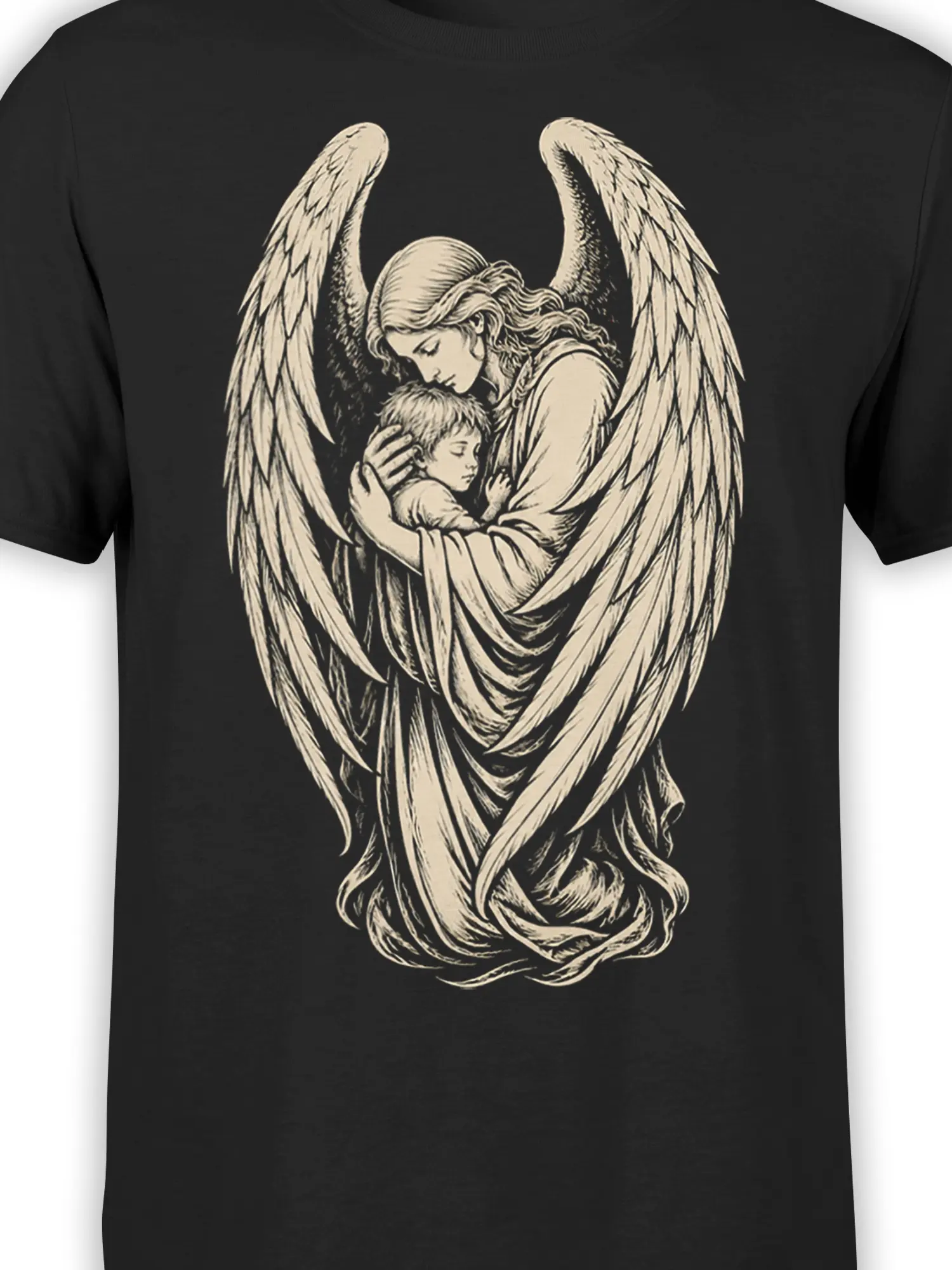 Close-up of cream angel wings and mother-and-child artwork printed on a black graphic T-shirt