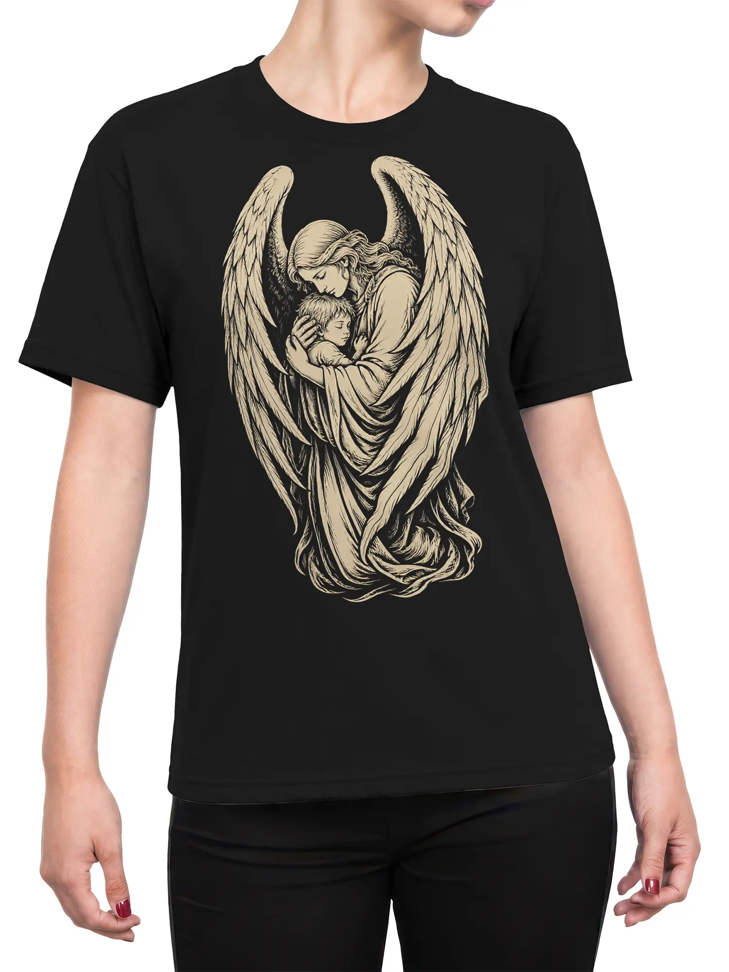 Female torso wearing a black T-shirt with vintage guardian angel and sleeping child artwork