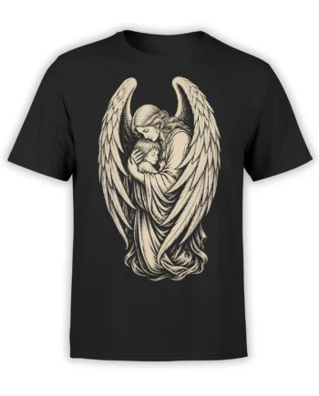 Black T-shirt featuring a vintage winged angel holding a sleeping child in a protective embrace