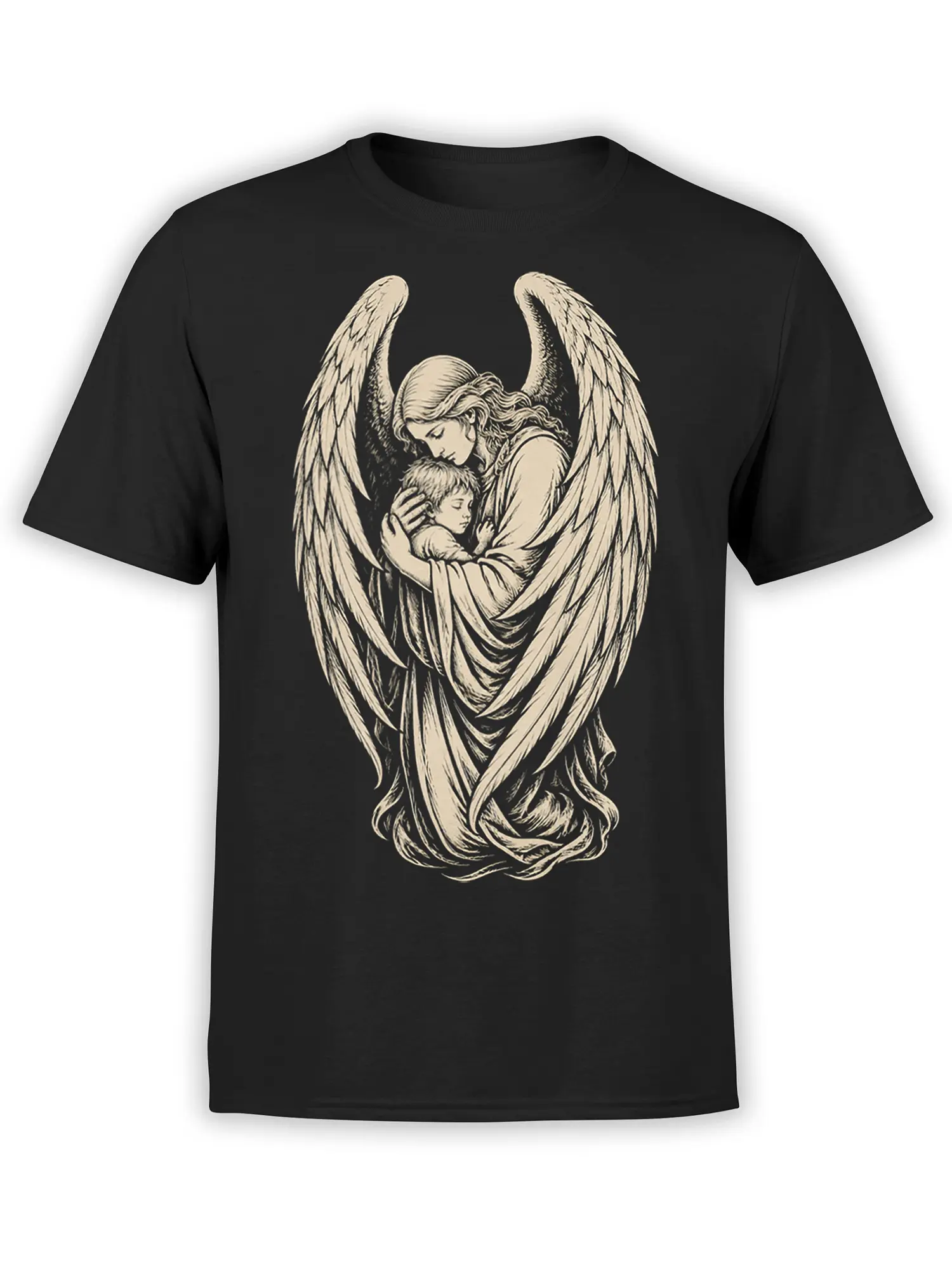 Black T-shirt featuring a vintage winged angel holding a sleeping child in a protective embrace