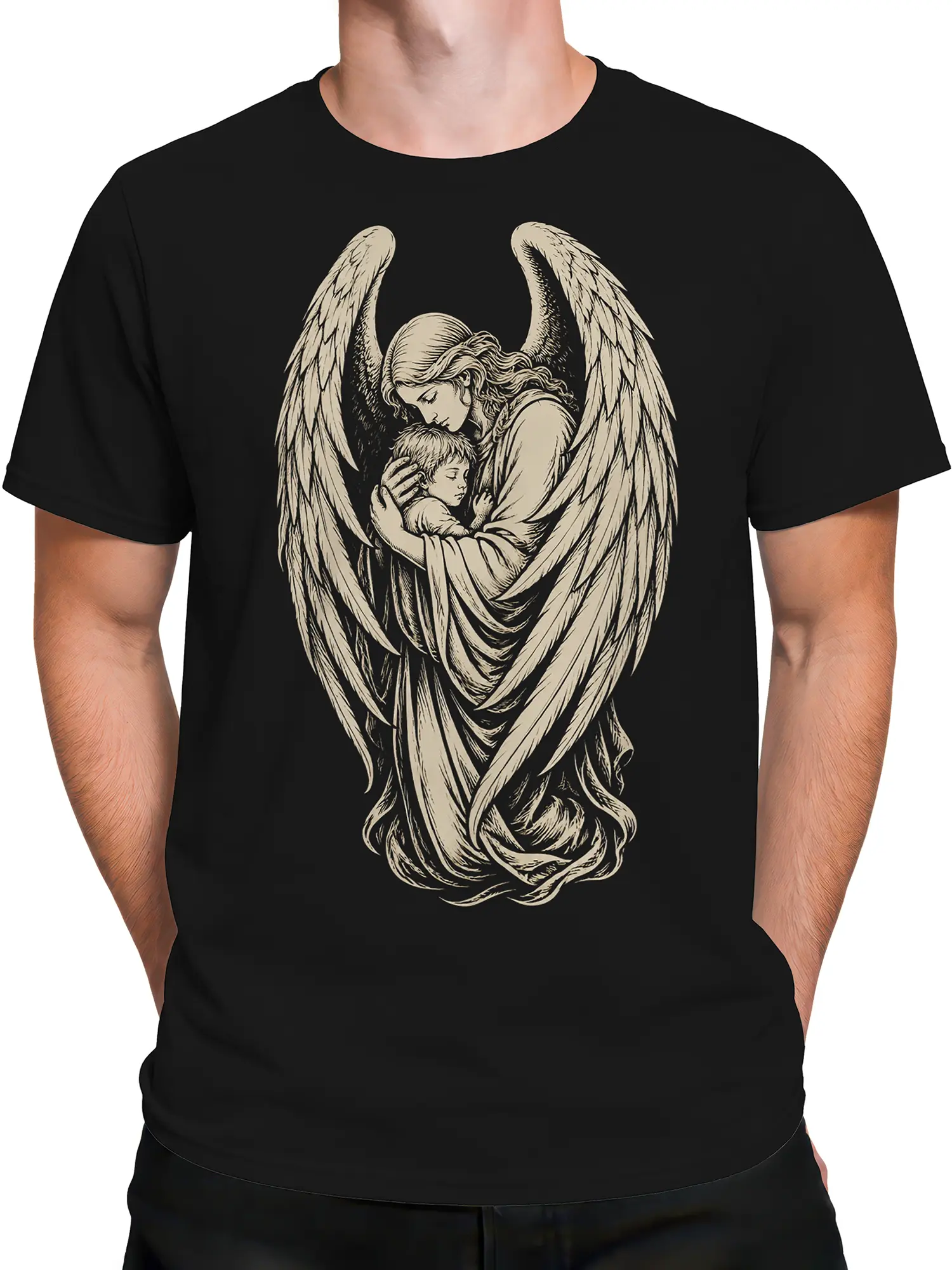 Male torso wearing a black T-shirt with winged angel holding a sleeping child