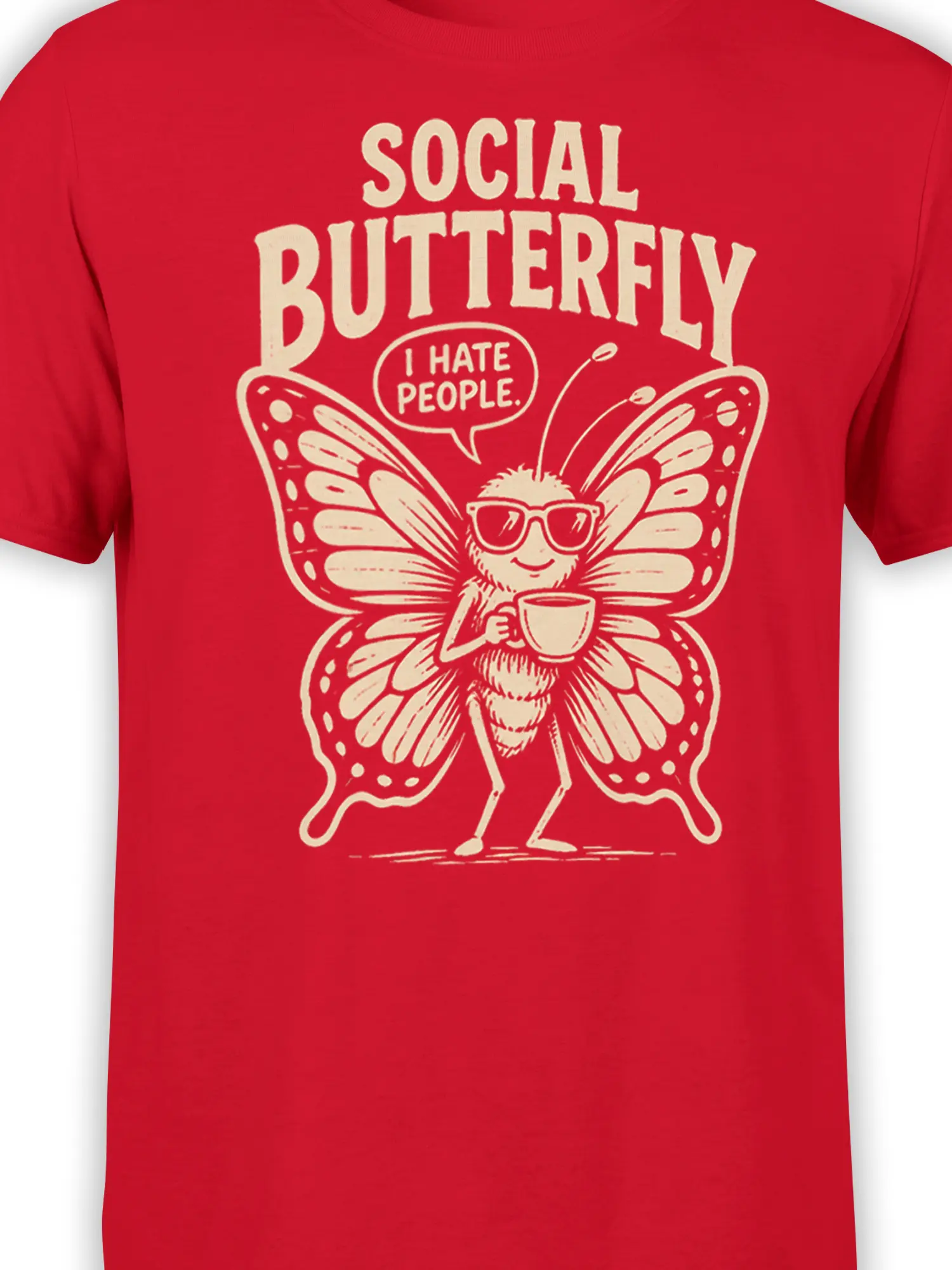 Close-up of cream butterfly graphic with sunglasses and coffee on a red T-shirt