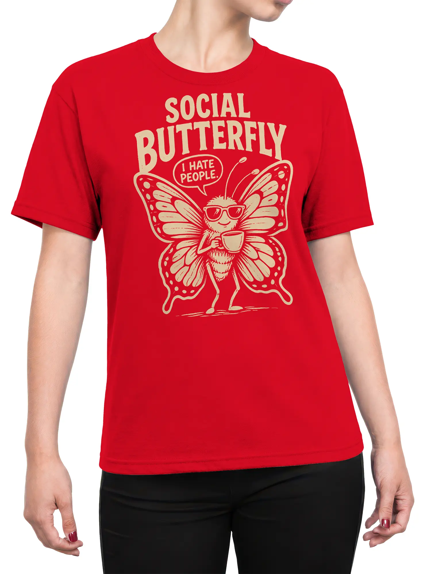Female torso wearing a red butterfly T-shirt with sunglasses, coffee, and sarcastic text