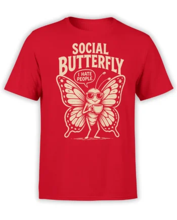 Red butterfly T-shirt with sunglasses, coffee cup, and “I HATE PEOPLE” graphic