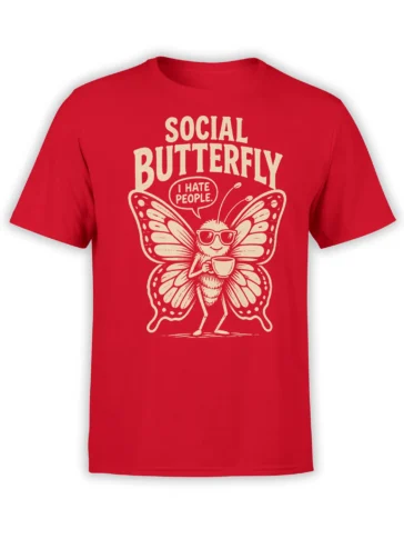 Red butterfly T-shirt with sunglasses, coffee cup, and “I HATE PEOPLE” graphic