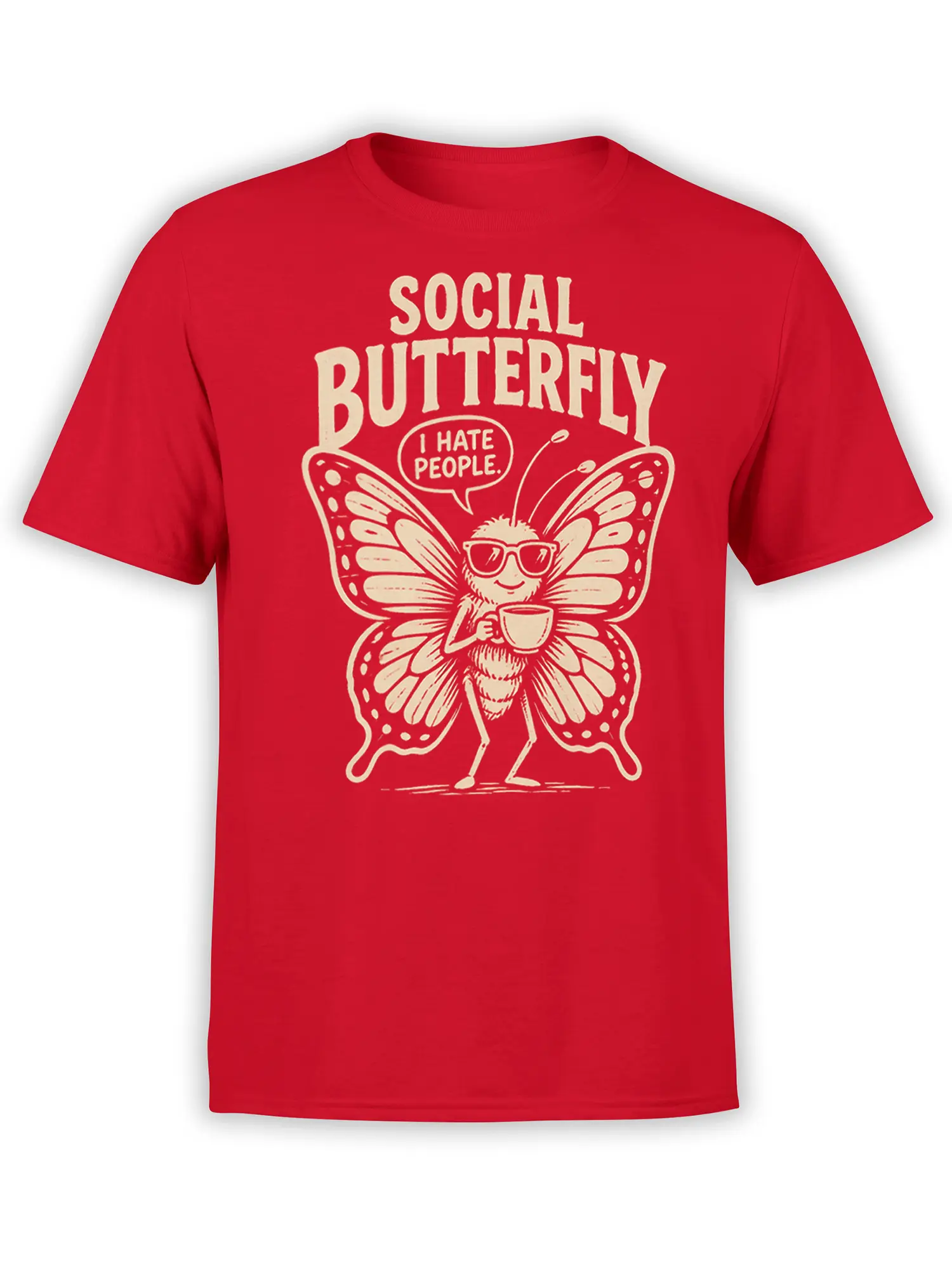 Red butterfly T-shirt with sunglasses, coffee cup, and “I HATE PEOPLE” graphic