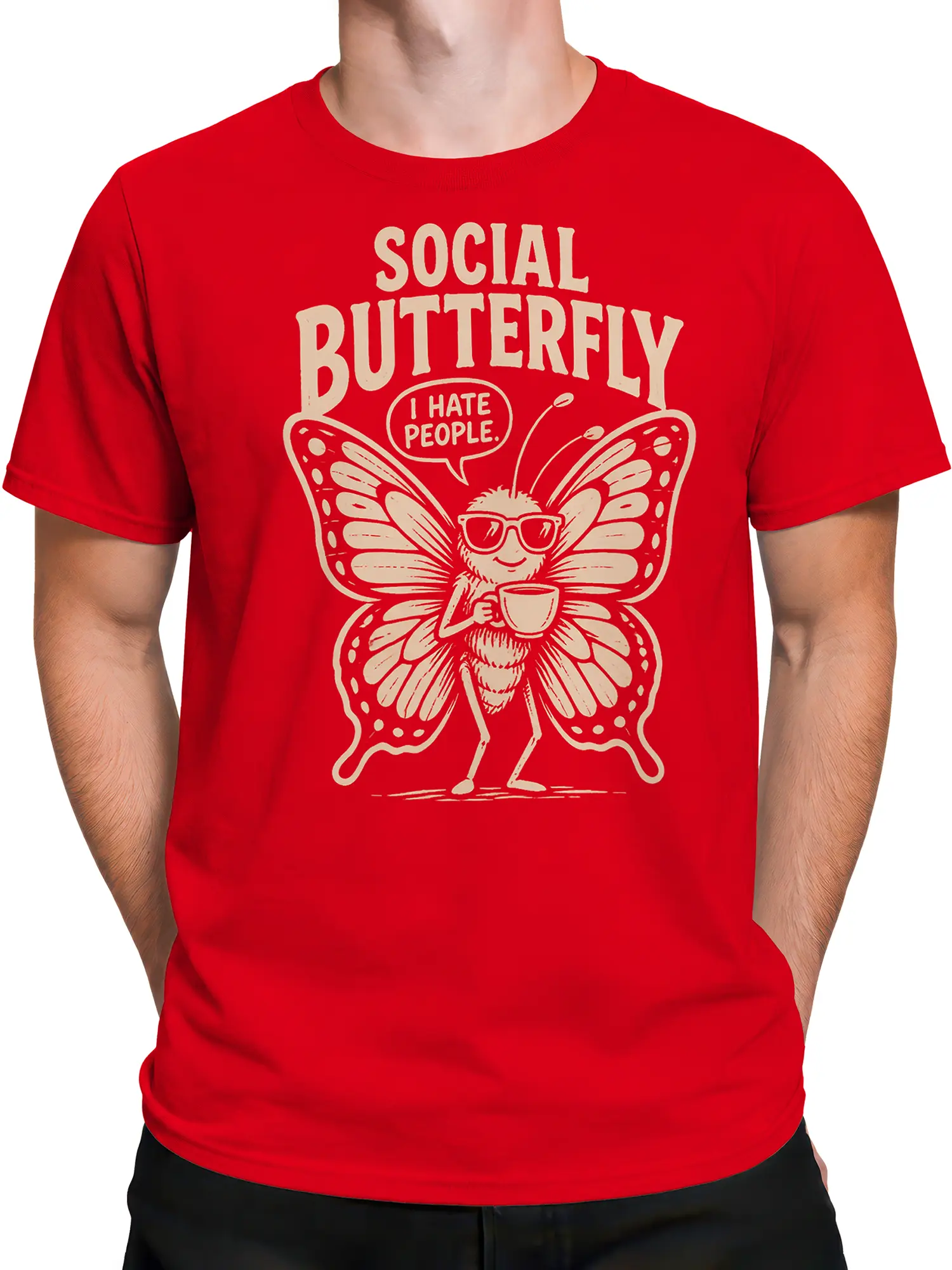 Male torso wearing a red social butterfly T-shirt with coffee and sarcastic artwork