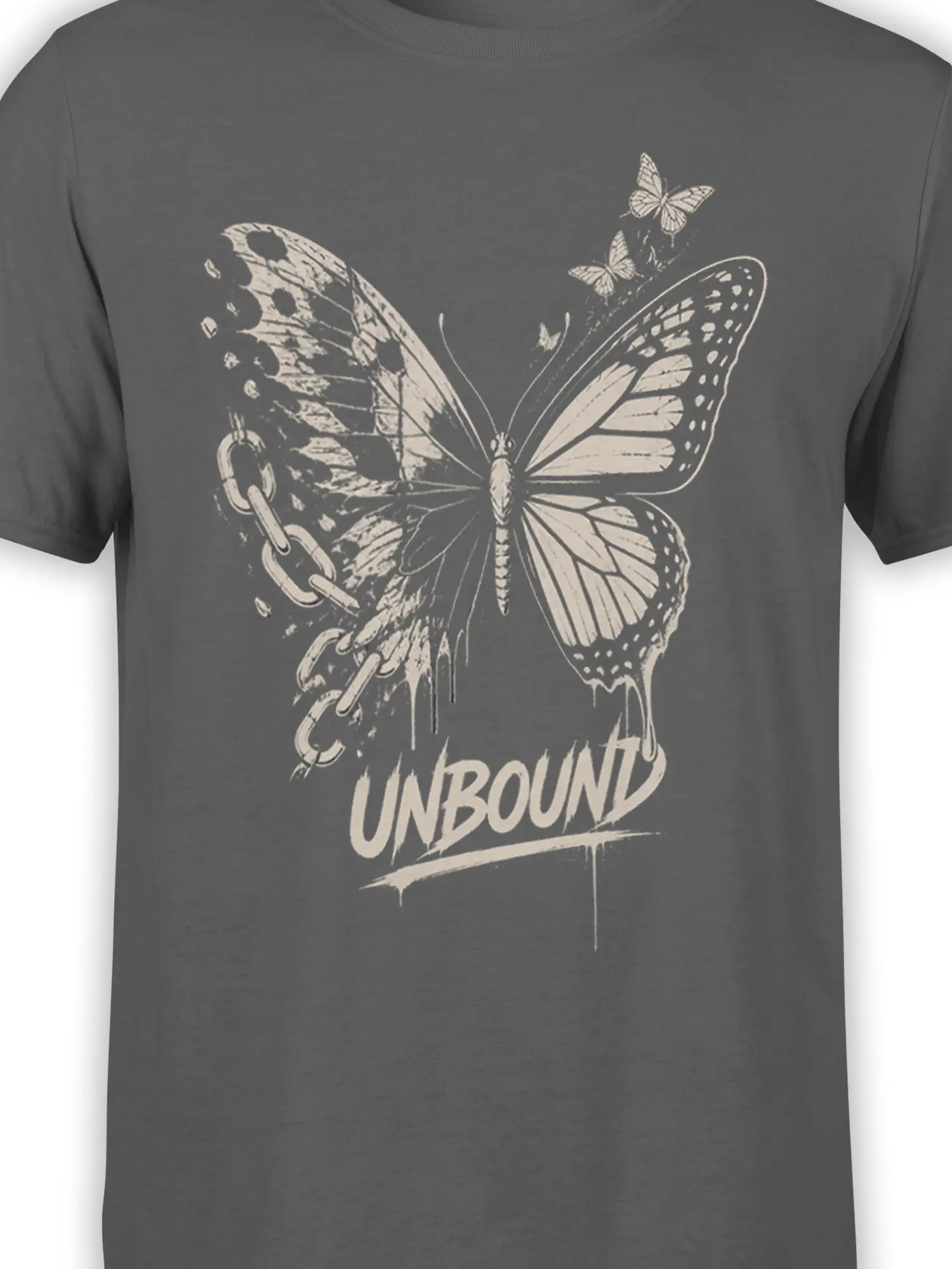 Close-up of the gray butterfly design with broken chains, distressed wings, and UNBOUND text