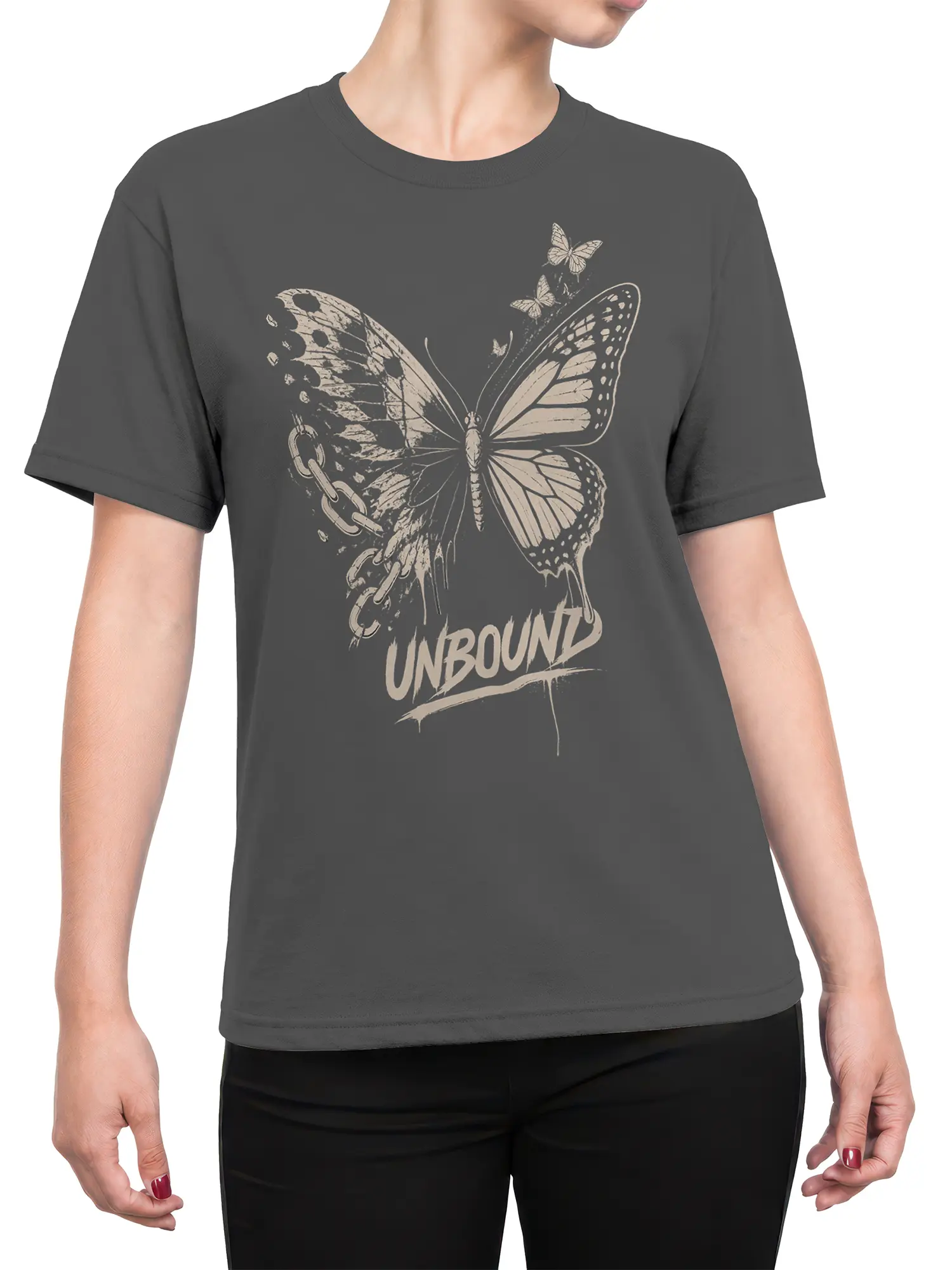 Female torso wearing a gray butterfly T-shirt with broken chains and UNBOUND lettering