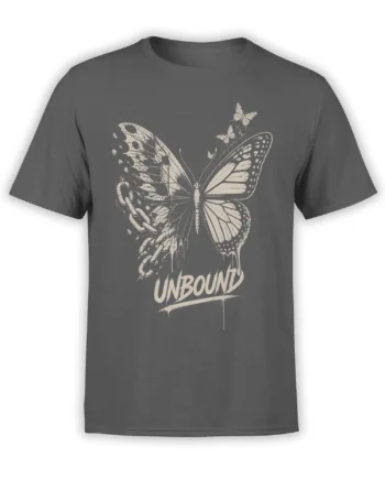 Gray butterfly T-shirt with broken chains, rising butterflies, and bold UNBOUND lettering
