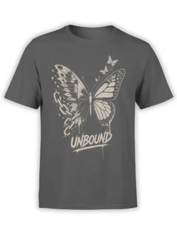 Gray butterfly T-shirt with broken chains, rising butterflies, and bold UNBOUND lettering
