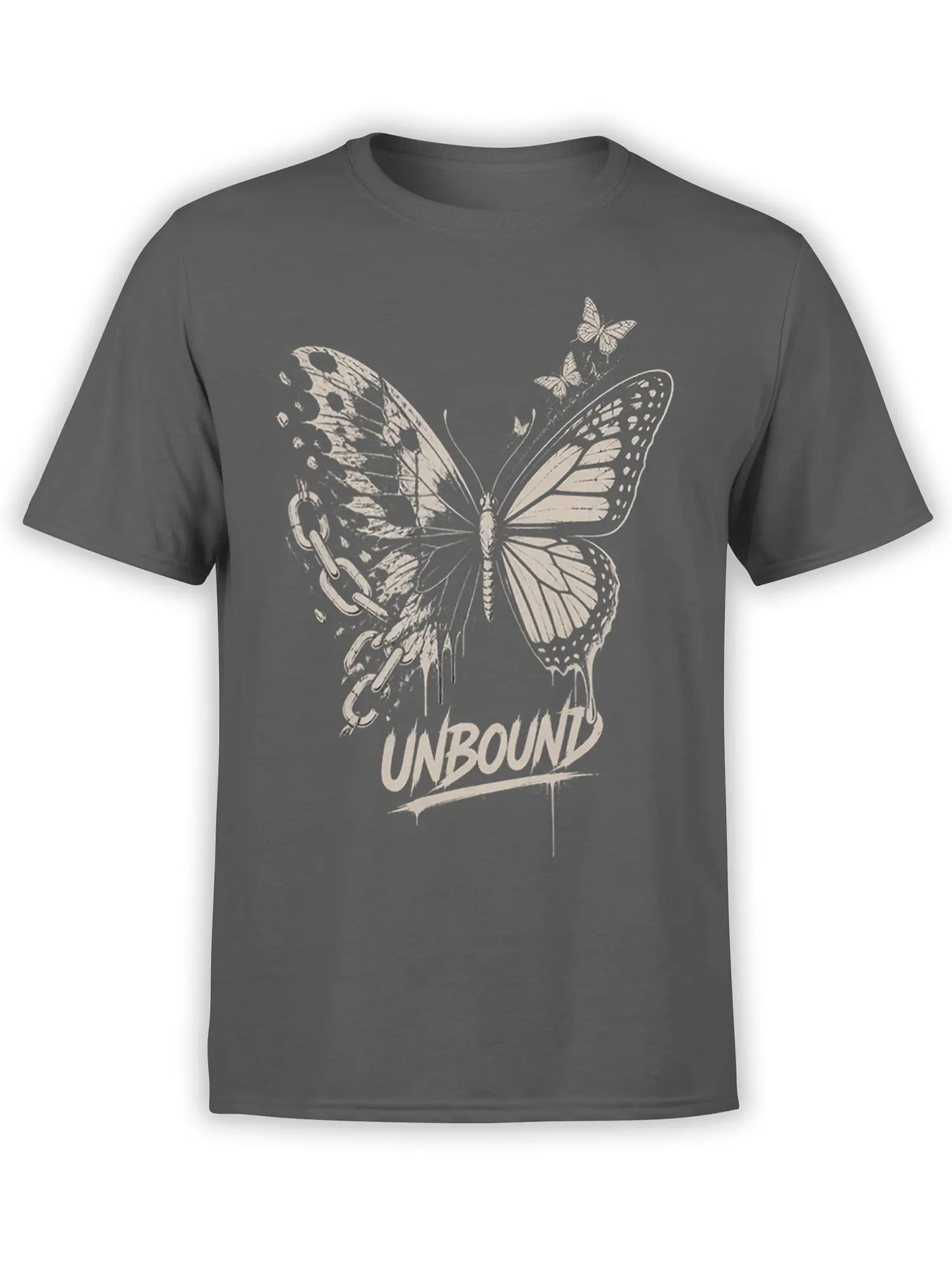 Gray butterfly T-shirt with broken chains, rising butterflies, and bold UNBOUND lettering