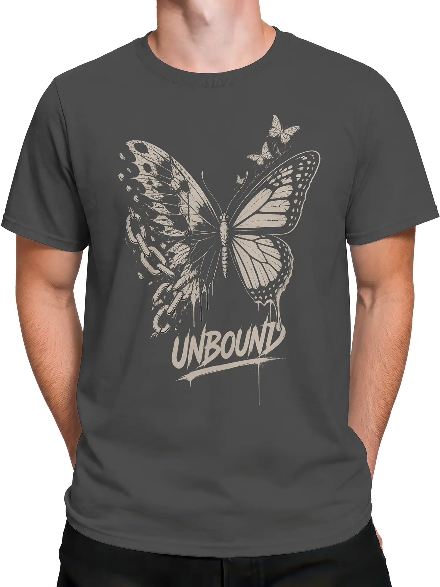 Male torso wearing a gray butterfly T-shirt with broken chains and UNBOUND lettering