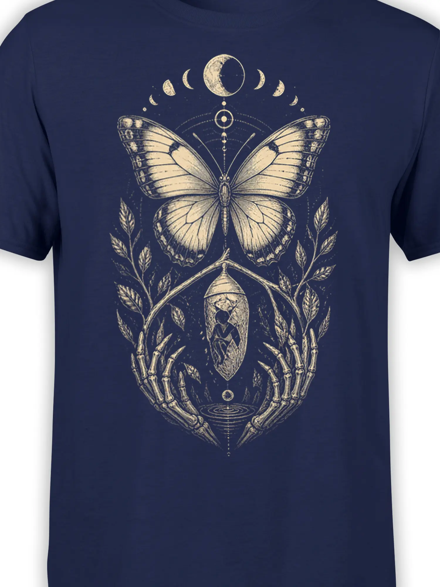 Close-up of the cream butterfly, chrysalis, moon phases, and skeletal hands on a navy graphic T-shirt
