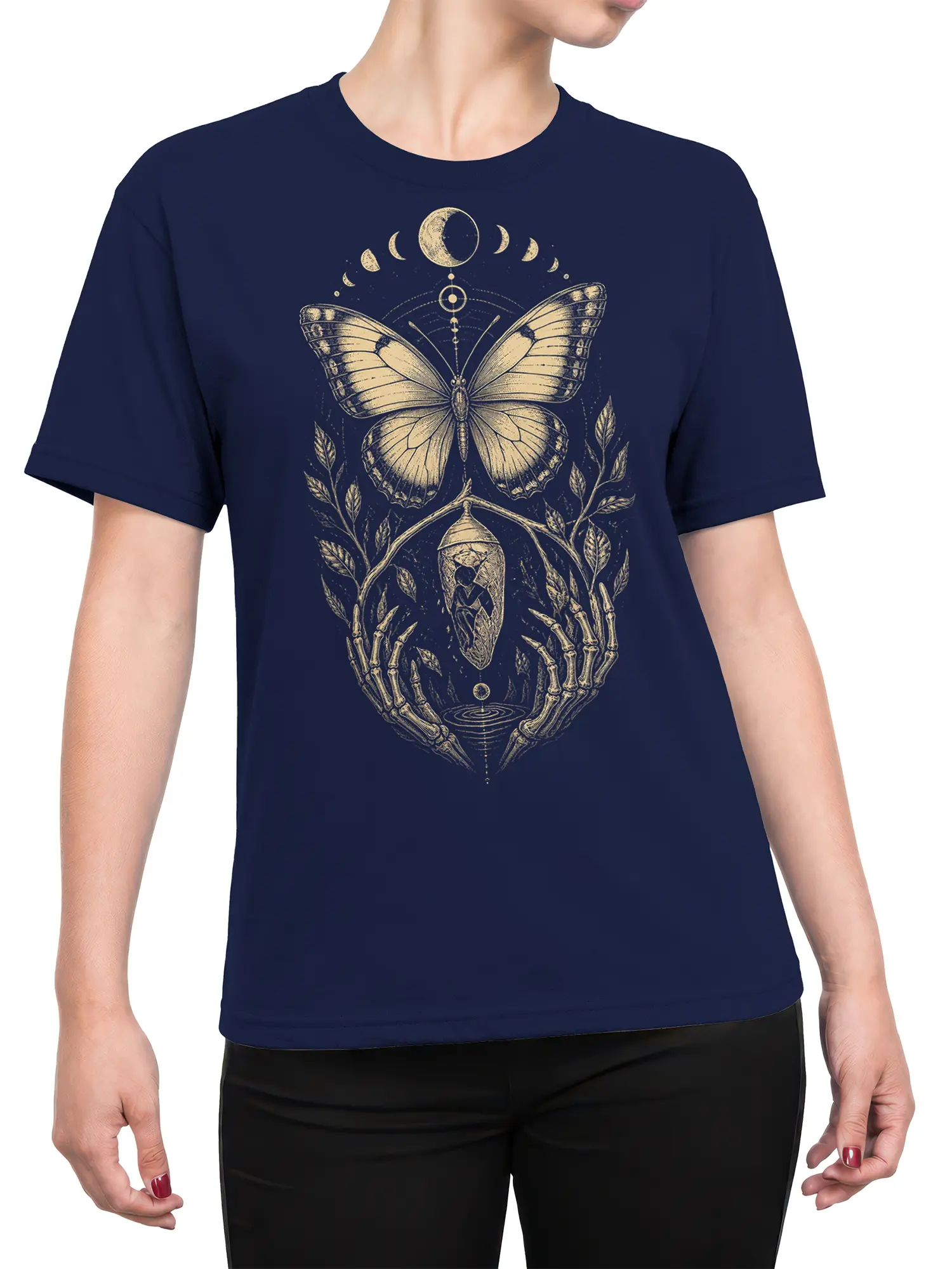 Female torso wearing a navy butterfly T-shirt with celestial moon phases and a detailed chrysalis design