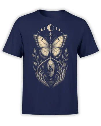 Front view of a navy butterfly T-shirt with moon phases, chrysalis, botanical branches, and skeletal hands