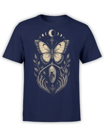 Front view of a navy butterfly T-shirt with moon phases, chrysalis, botanical branches, and skeletal hands