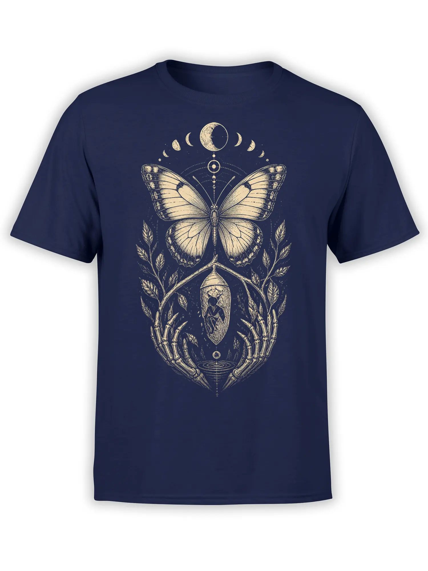 Front view of a navy butterfly T-shirt with moon phases, chrysalis, botanical branches, and skeletal hands