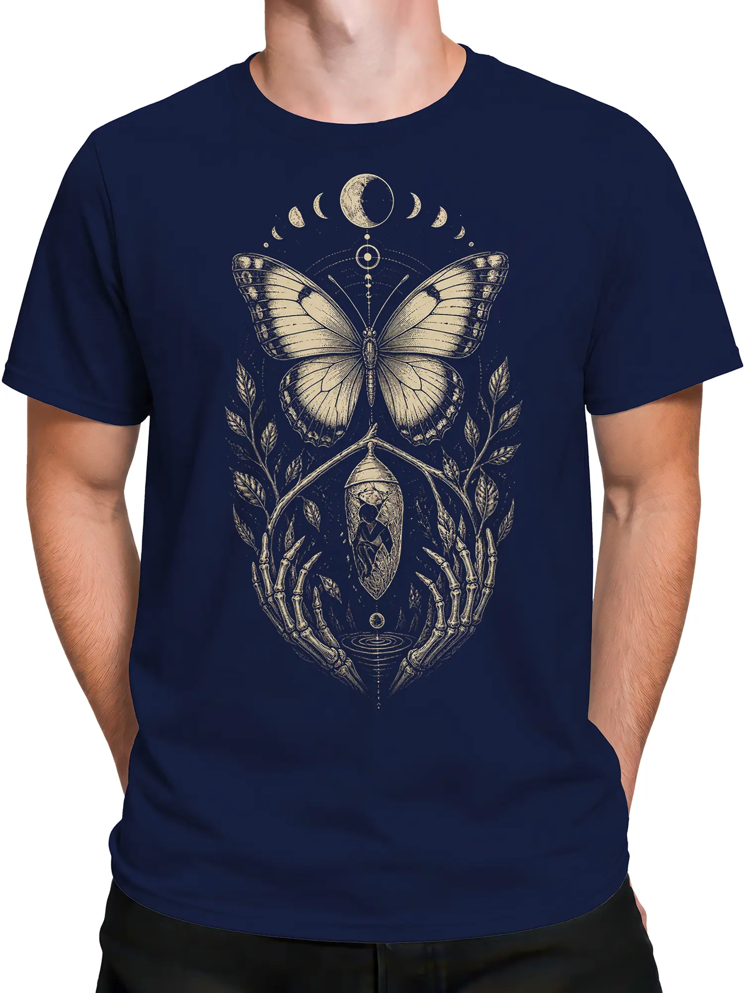 Male torso wearing a navy butterfly T-shirt with a chrysalis, moon phases, and skeletal hands