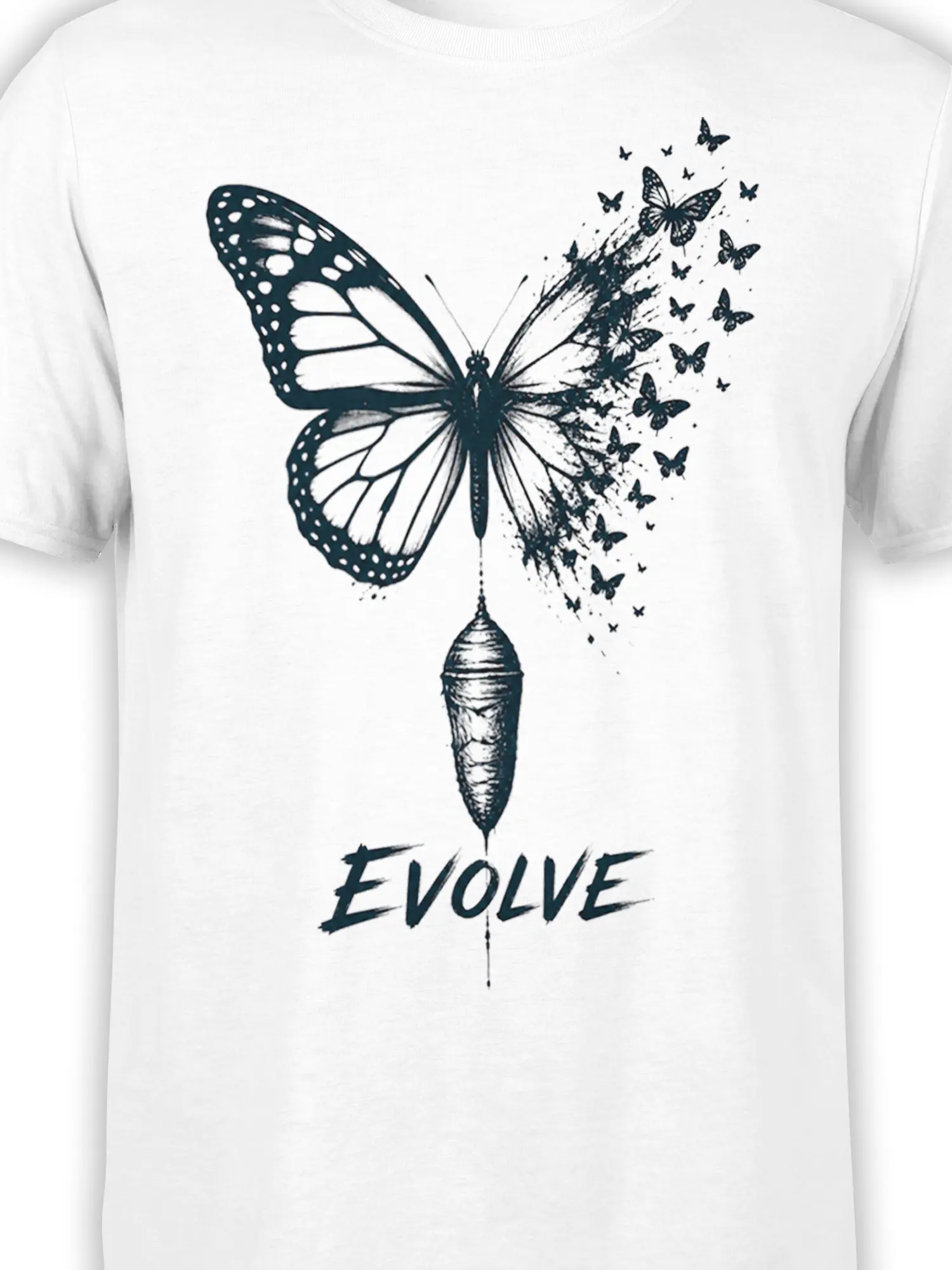 Close-up of butterfly, chrysalis, ink details, and “EVOLVE” artwork on a white T-shirt