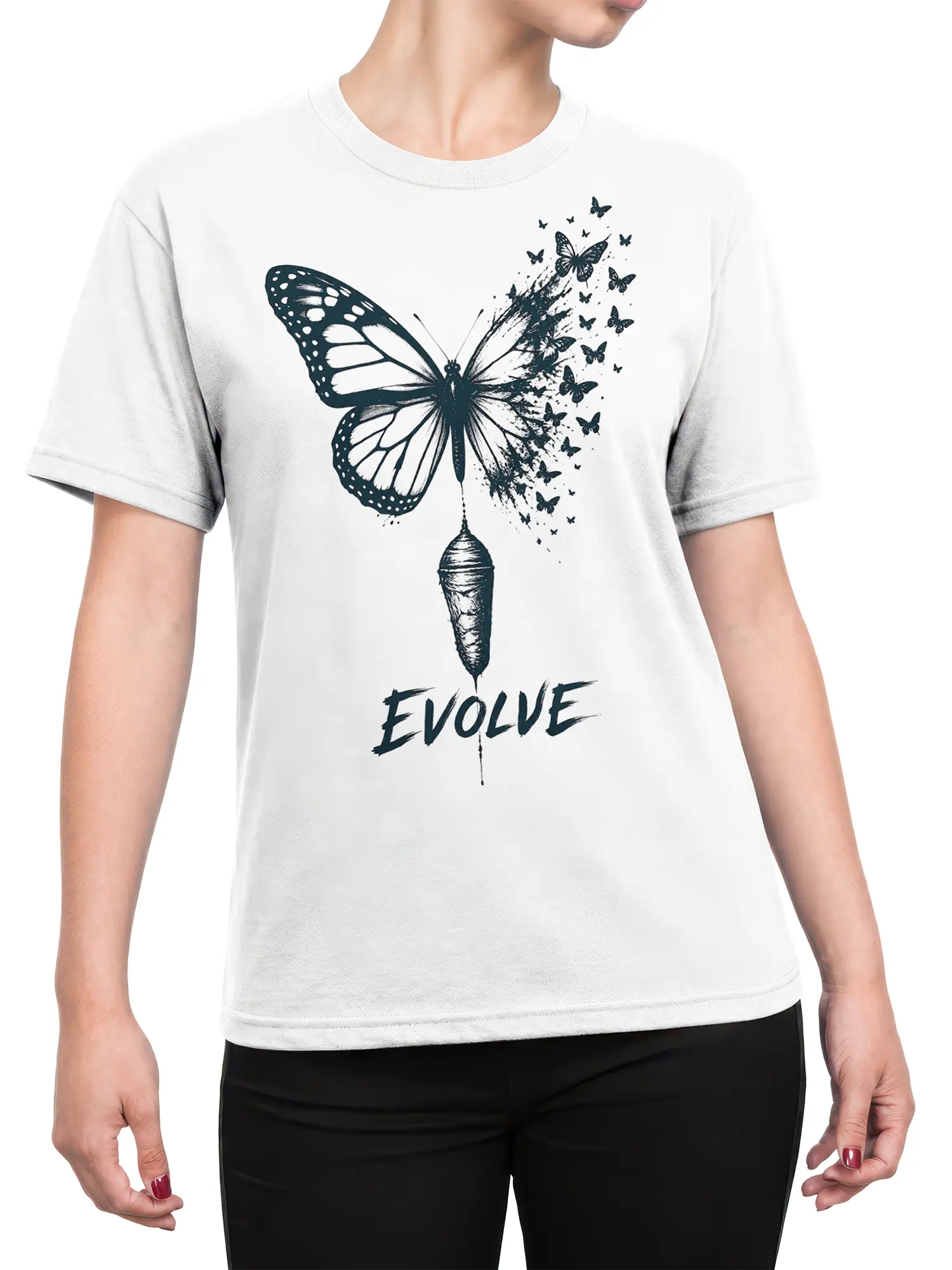 Female torso wearing a white butterfly T-shirt with chrysalis and “EVOLVE” design