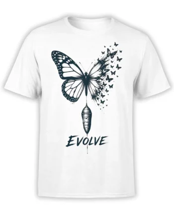 White butterfly evolution T-shirt with chrysalis, scattered wings, and bold “EVOLVE” lettering