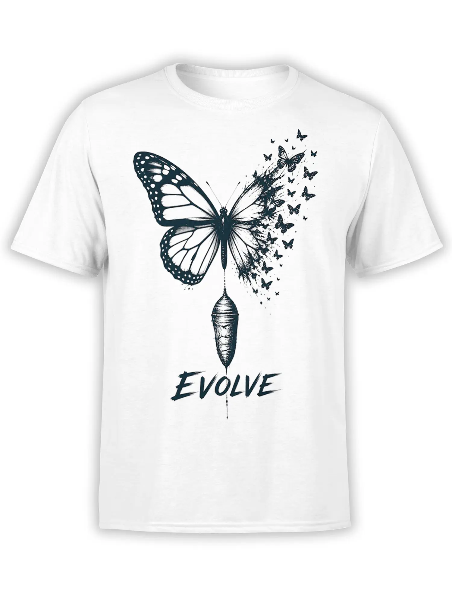 White butterfly evolution T-shirt with chrysalis, scattered wings, and bold “EVOLVE” lettering