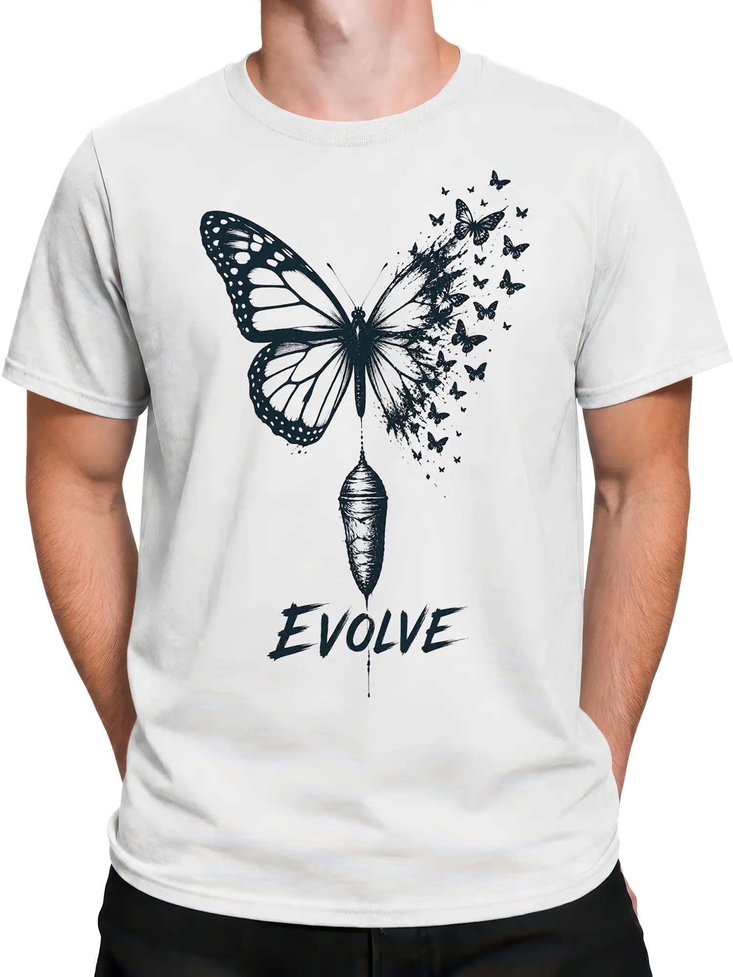 Male torso wearing a white butterfly T-shirt with chrysalis and “EVOLVE” artwork