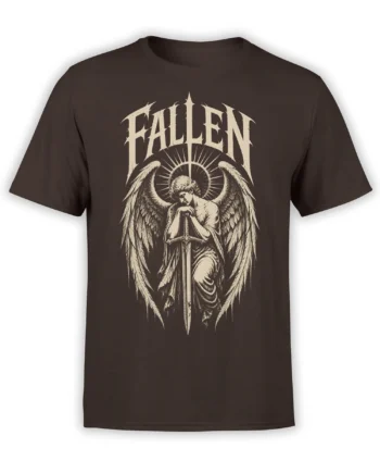 Fallen winged angel with halo and sword printed on a dark brown graphic T-shirt