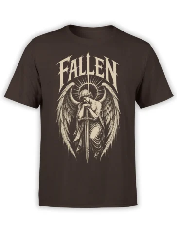 Fallen winged angel with halo and sword printed on a dark brown graphic T-shirt