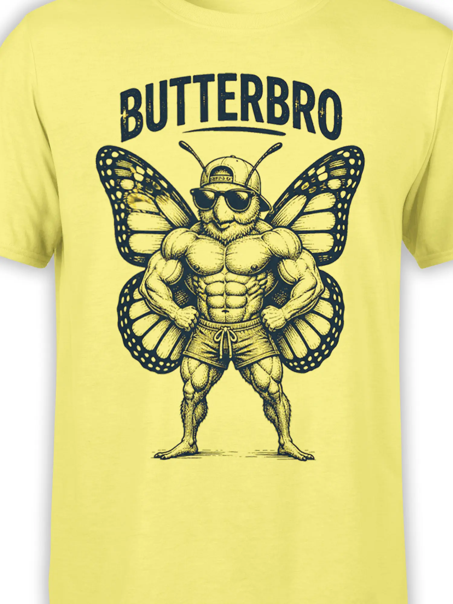 Close-up of the muscular butterfly graphic with sunglasses, cap, detailed wings, and “BUTTERBRO” text on yellow fabric