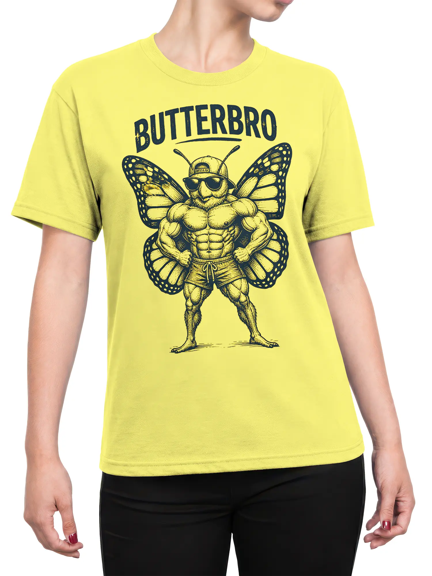 Female torso wearing a yellow Butterbro T-shirt with a muscular butterfly graphic and bold lettering across the chest