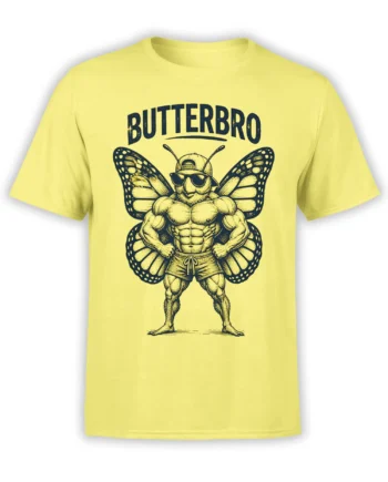 Yellow butterfly T-shirt with a muscular insect, sunglasses, cap, large wings, and “BUTTERBRO” lettering
