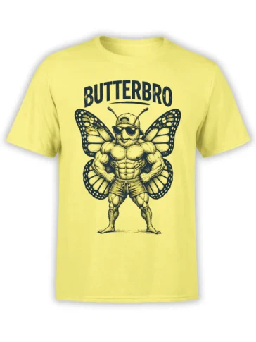 Yellow butterfly T-shirt with a muscular insect, sunglasses, cap, large wings, and “BUTTERBRO” lettering