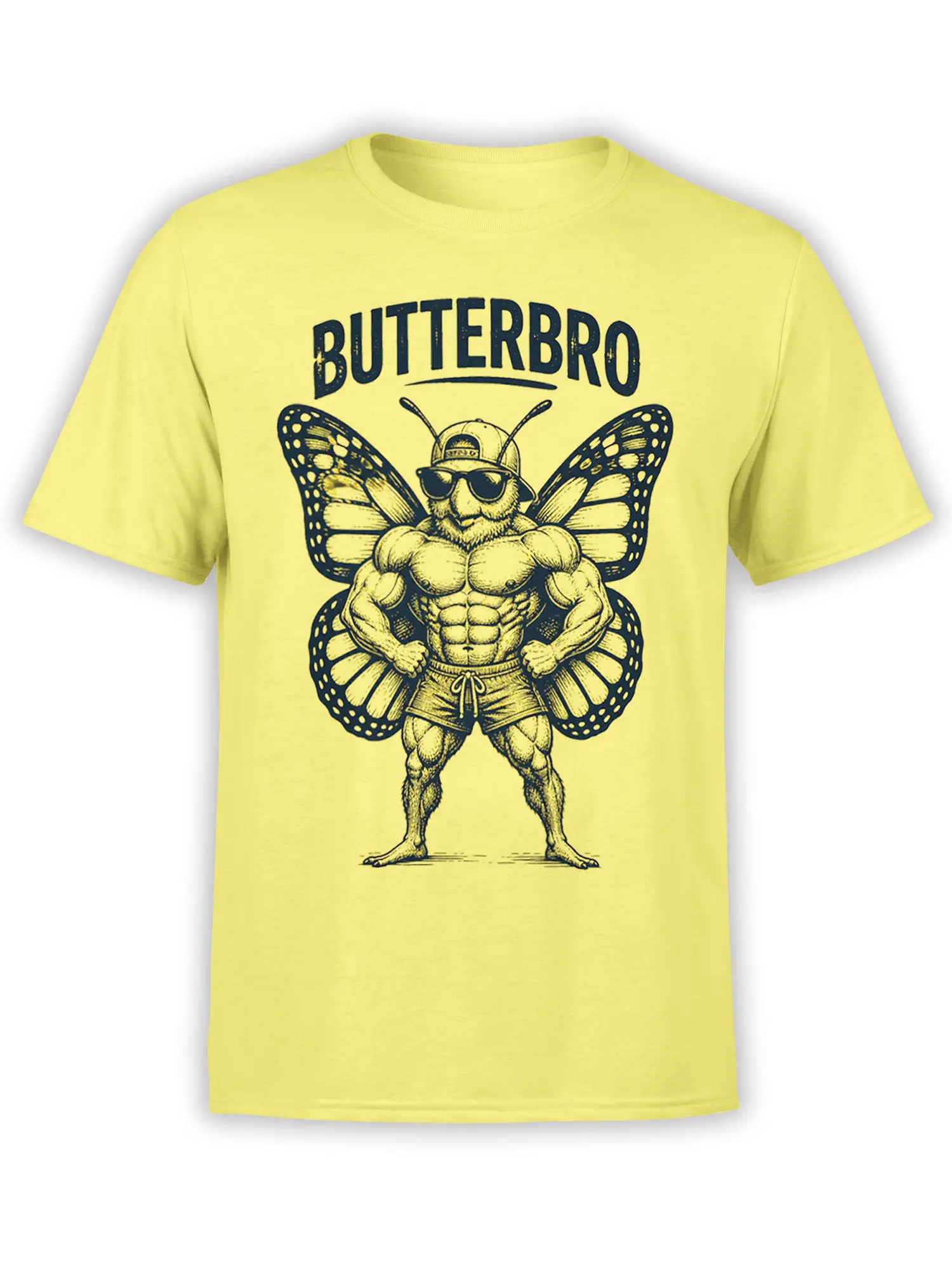 Yellow butterfly T-shirt with a muscular insect, sunglasses, cap, large wings, and “BUTTERBRO” lettering