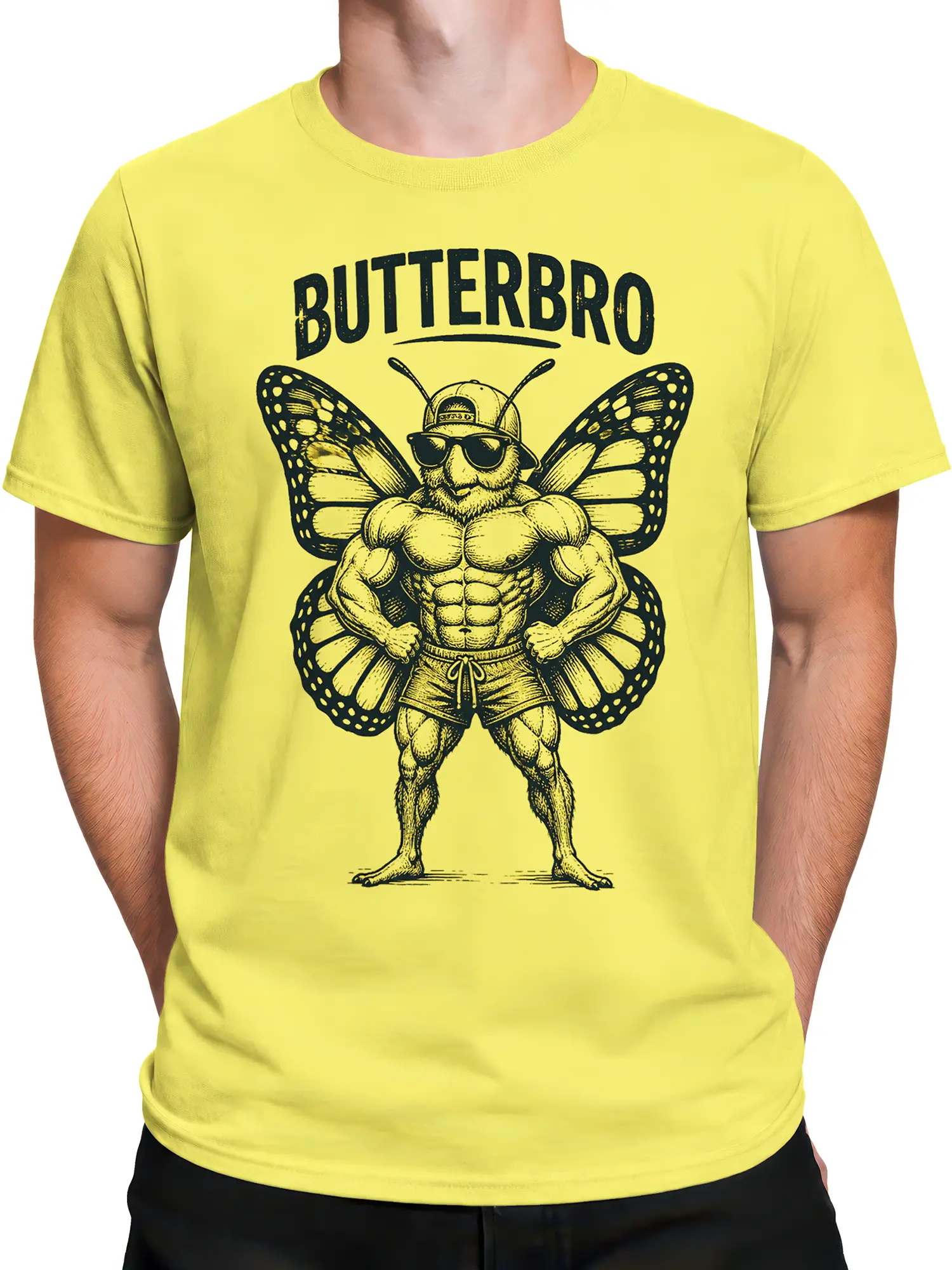 Male torso wearing a yellow Butterbro T-shirt with a muscular butterfly, sunglasses, cap, and large wings