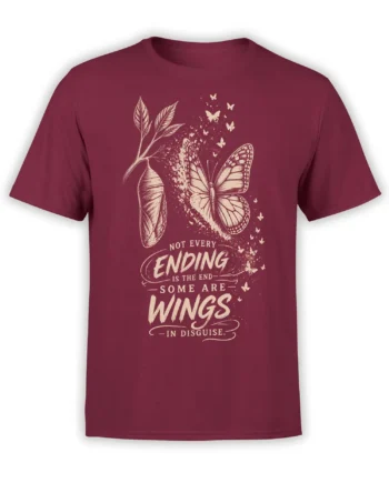 Burgundy butterfly T-shirt with vintage cream wings, leaves, and a transformation quote