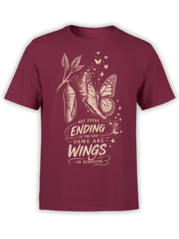 Burgundy butterfly T-shirt with vintage cream wings, leaves, and a transformation quote