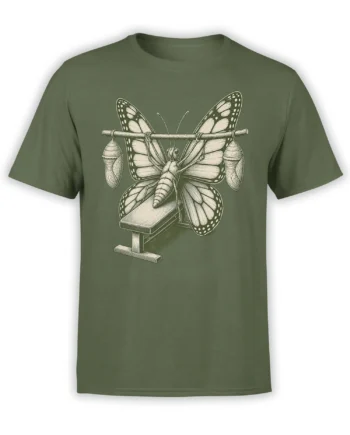 Vintage butterfly metamorphosis illustration with cocoons and a branch on an olive green T-shirt