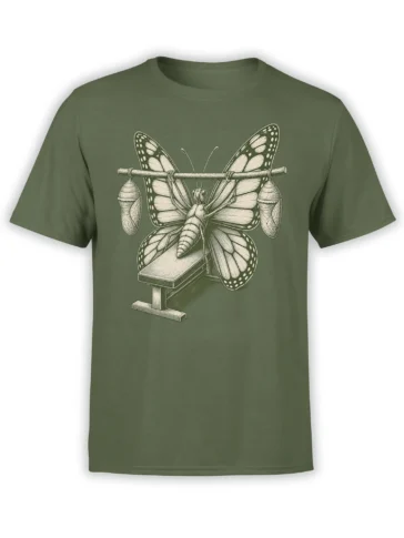 Vintage butterfly metamorphosis illustration with cocoons and a branch on an olive green T-shirt