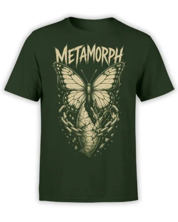 Dark green butterfly T-shirt with cracked chrysalis, broken chains, crystal shards, and METAMORPH text