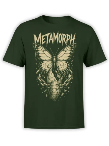 Dark green butterfly T-shirt with cracked chrysalis, broken chains, crystal shards, and METAMORPH text