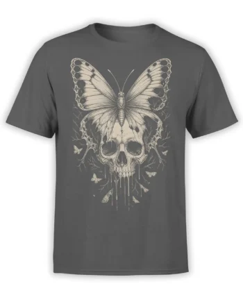 Charcoal gray T-shirt with a gothic skull, butterfly wings, smaller butterflies, and distressed dripping artwork