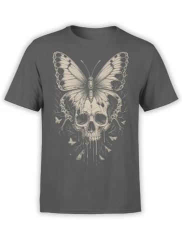 Charcoal gray T-shirt with a gothic skull, butterfly wings, smaller butterflies, and distressed dripping artwork