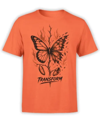 Orange butterfly transformation T-shirt with black wings, cocoon forms, thorny branches, and TRANSFORM lettering