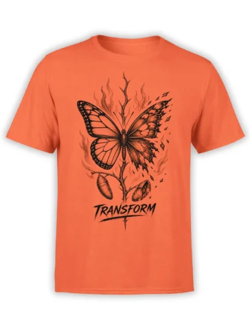 Orange butterfly transformation T-shirt with black wings, cocoon forms, thorny branches, and TRANSFORM lettering