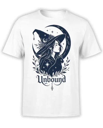White T-shirt with a navy moonlit witch, cat companion, stars, leaves, and Unbound lettering
